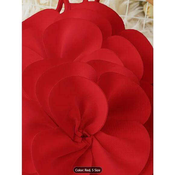 Red Oversized 3D Flower Halter Crop Top –  Backless Party & Festival Blouse - Picture 4 of 5